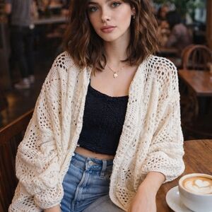 White Crochet Sweater Cardigan Sz L Oversized Grannycore Cottagecore